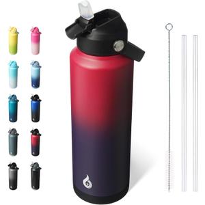BJPKPK Insulated Water Bottle with Straw Lid, 40oz Large Thermos, BPA Free Leak Proof Stainless Steel Metal Water Bottles, Tumblers, Cups, Flasks for Travel, Sports,Charming Red