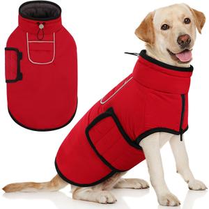 AOFITEE Large Dog Winter Coat, Waterproof Jacket with Harness Hole, Warm Fleece Puffer Jacket for Large Dogs, Reflective Windproof Snowsuit for Dogs, Dachshund, French Bulldog, L (Red)