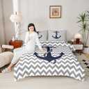 Nautical Anchor Comforter Set Queen Size,Geometric Gray Stripe Bedding Set 3pcs for Kids Teens Adults Room Decor,Ocean Adventure Themed Quilted Duvet Modern Abstract Duvet Insert,2 Pillowcases