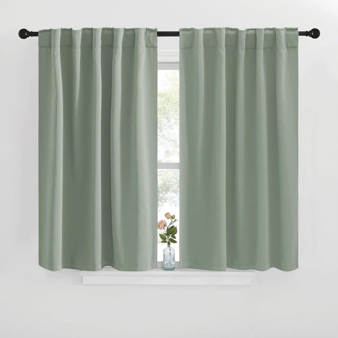 NICETOWM Window Treatment Curtain Panels - (Greyish Green Color) W42 x L40, 2 Pieces, Semi Blackout Window Treatment Drape Panel for Kids Bedroom