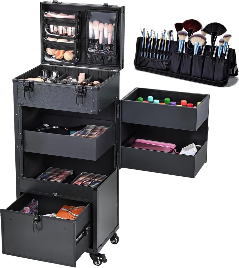 Rolling Makeup Case on Wheels 6-in-1 Cart With Drawer/Polish Slots/Tool Pad