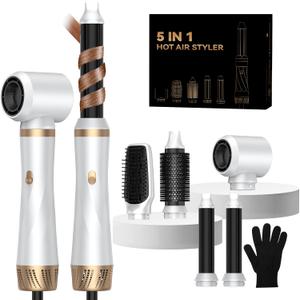 Hair Dryer Brush 5 in 1, Blow Dryer Brush Set with Air Curler Wrap Hair Styler, Negative Ionic Blow Dry Brush, Detachable Hair Tool for Curling, Volumizer,Straightener,Drying (White Gold)