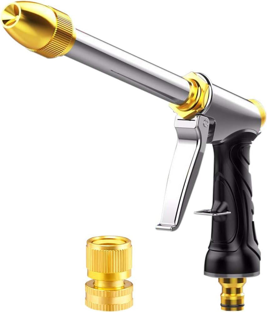 Upgrade Water Hose Nozzle Long Rod Garden Hose Nozzle Heavy Duty Metal Brass Sprayer 360 Rotaing Spray Gun for Car Wash, Plants and Lawn,Patio Gardening, Pets Shower Hose Nozzle + Quick Connector