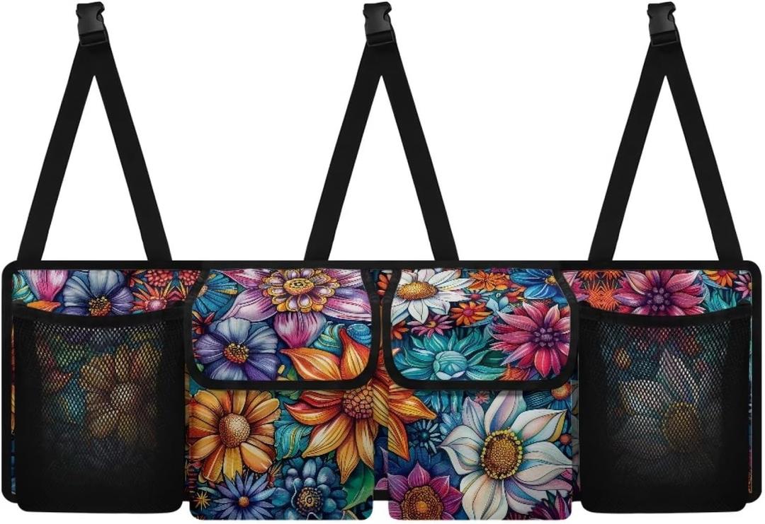 Boho Floral Blossoms Trunk Organizer Car Women Large Capacity Hanging Car Organizer Collapsible Cargo Bag,Easy to Install