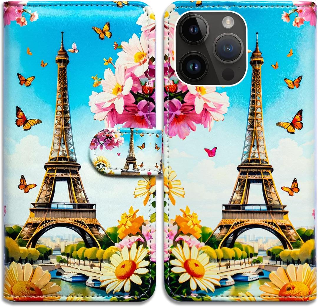 Case for iPhone 16 Pro with RFID Blocking,Eiffel Tower Butterfly Flowers Leather Flip Phone Case Wallet Cover with Card Slot Holder Kickstand for Apple iPhone 16 Pro