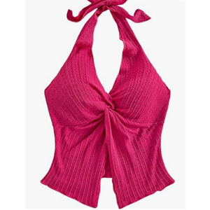 SHENHE Women's Twist Front Tie Halter Neck Split Hem Backless Summer Going Out Crop Top, Hot Pink, XSmall