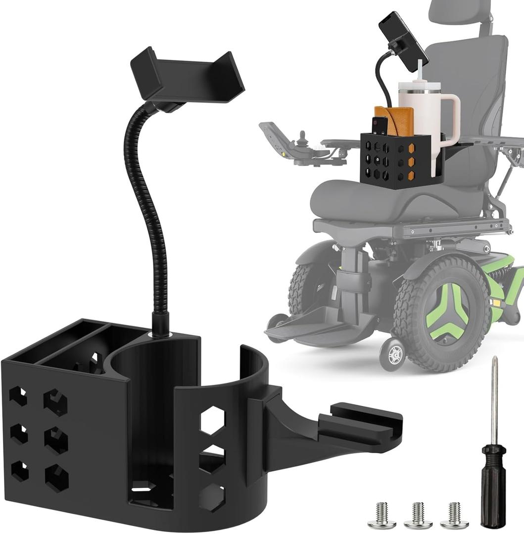Cup Holder for Permobil Power Wheel Chair, 3 in 1 Cup Holder, Phone Holder & Storage Basket Compatible with Permobil Wheelchair with Uni-Track Armrest Such as M300, M3, M1, F3, F5, K300 Ps