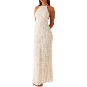 Flowy Boho Beach Dress for Women Halter Backless Smocked Vacation Long Dress Sexy Off Shoulder Resort Maxi Sundress (Small, Ivory)