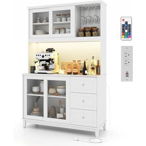 73” Kitchen Pantry Storage Cabinet, Buffet Hutch w/Power Outlets & Led Lights, Tall Cupboard w/Wine Glass Racks, Adjustable Shelves, Drawers, Microwave Stand for Dining Room (White)