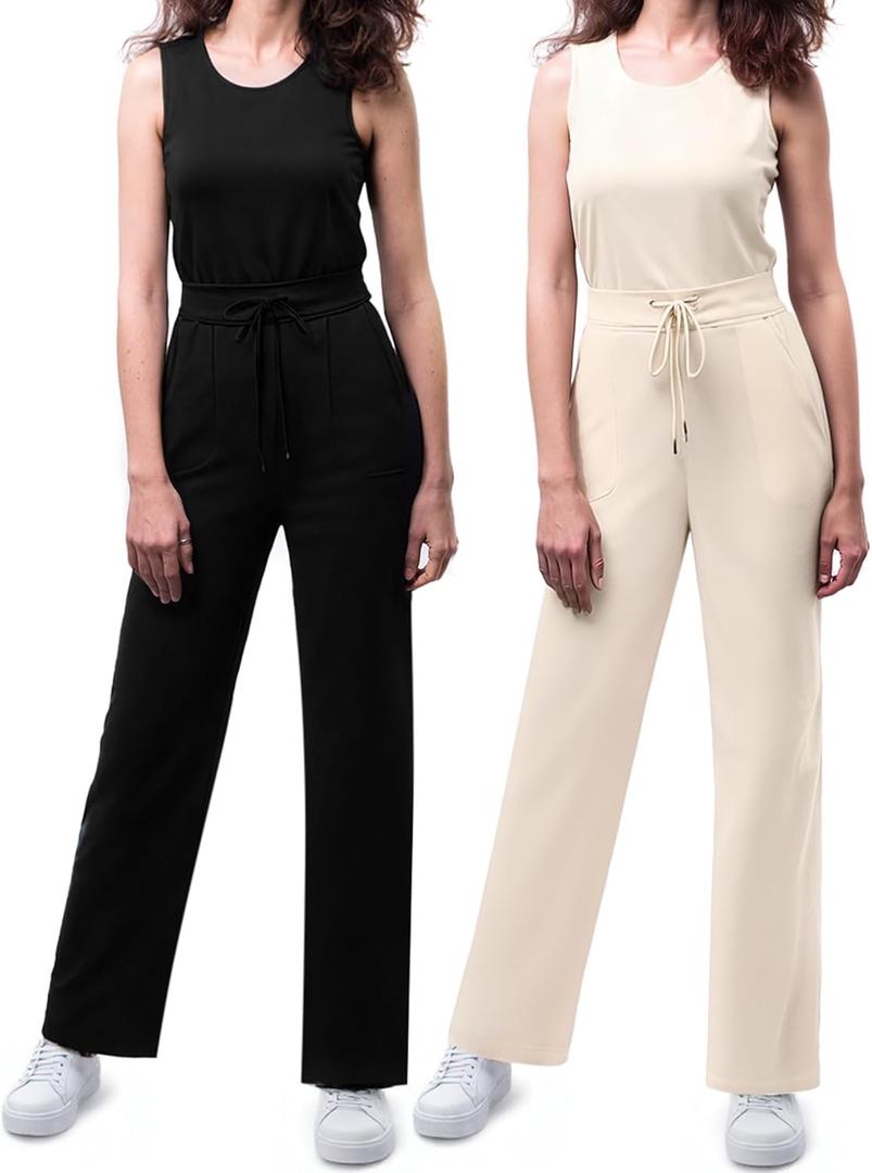 2 Pack Women's Jumpsuits Summer Romper Sleeveless Wide Leg Long Pants 2025 Casual Summer Dressy Travel Outfit, L