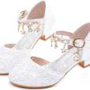 Furdeour Girls Dress Shoes Princess Crystal High Heels Closed Toe Party Wedding Flower Girls Shoes Toddler Little Big Kid (Whitesequins)