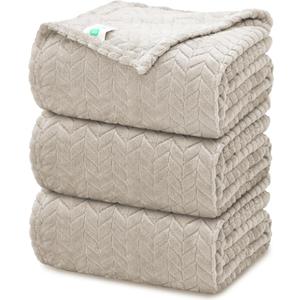 3 PC Flannel FleeceThrow Blanket, 50"x70" | 300GSM Soft Blankets for Couch Bed, No Shedding No Pilling Wedding Decorative Throw, Machine Washable (Beige)