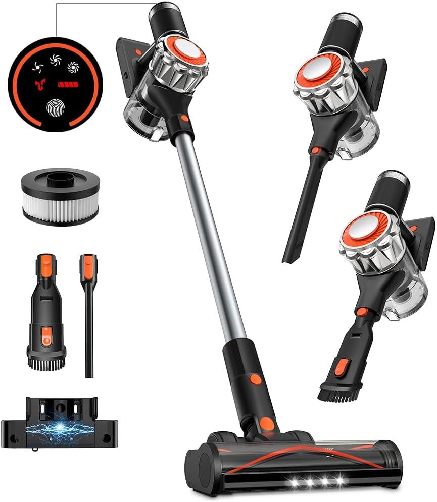 Cordless Vacuum Cleaner, 90Mins Runtime 550W/45KPA Rechargeable Vacuum Cleaners for Home, Self-standing Stick Vacuum with Wall Mount Charging & Anti-Tangle Brush for Pet Hair, Carpet, Hardwood Floor