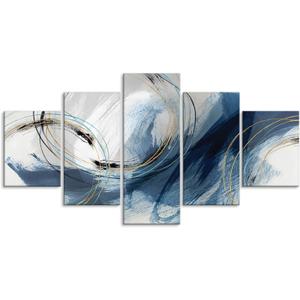 Fu-Keivy Blue Grey Abstract Canvas Wall Art Decor Fantasy Modern Artwork Painting for Living Room Bedroom 5 Panel Wall Pictures Graffiti on White Background 60''W x 32''H