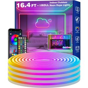 RCUICA 16.4FT LED Neon Rope Lights Waterproof with Smart App Control Remote,DIY Scene Modes,Music Sync hronization,Eaves Lights for Garden Decor,Deck,Christmas
