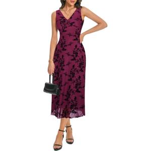 Women's Sexy V Neck Sleeveless Mesh Maxi Dresses Summer Casual Elegant Long Floral Dress Wedding Guest Cocktail Party (Large, Magenta)