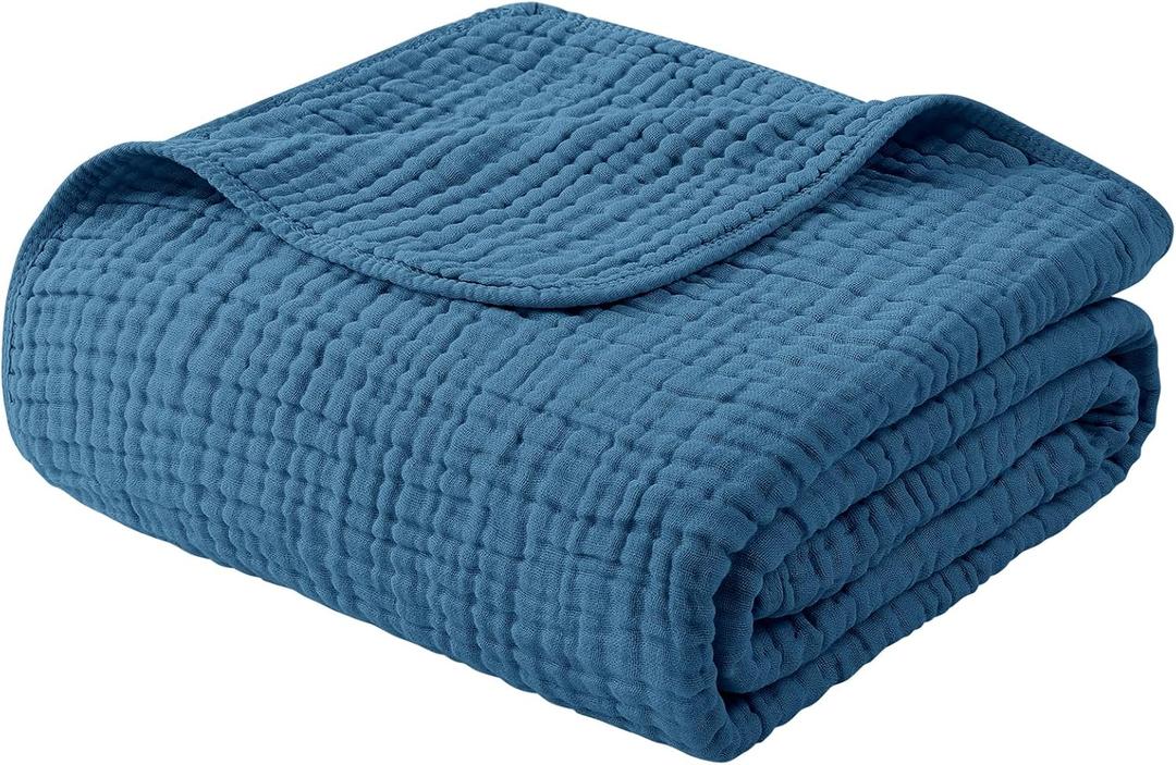 Yoofoss Muslin Blanket 100% Organic Cotton Large Twin Size 60" x 80" for Bed Couch Summer Gauze Blanket for Adults Lightweight and Breathable Dark Blue