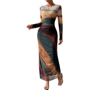 LIGHT DOT Women's Printed Bodycon Maxi Dress Long Sleeve Tie Dye Mesh Ruched Cocktail Dress (Yellow Green Brown, XL)