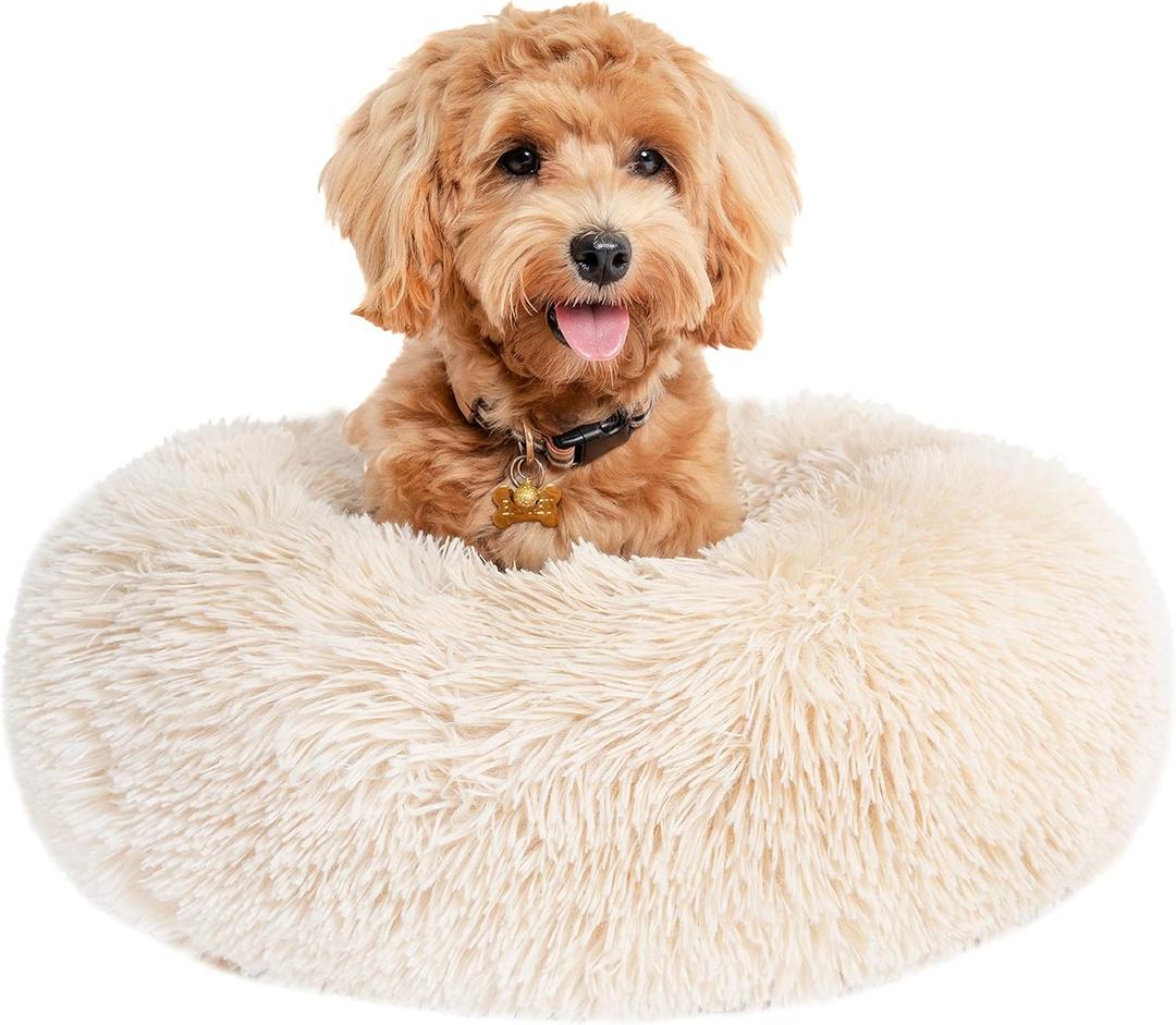 Calming Donut Dogs Beds for Small Dogs Washable,23inch Plush Round Pet Bed for Cozy Sleep,Fluffy Faux Fur Large Cat Bed,Fits up to 25 lbs Pets,Beige