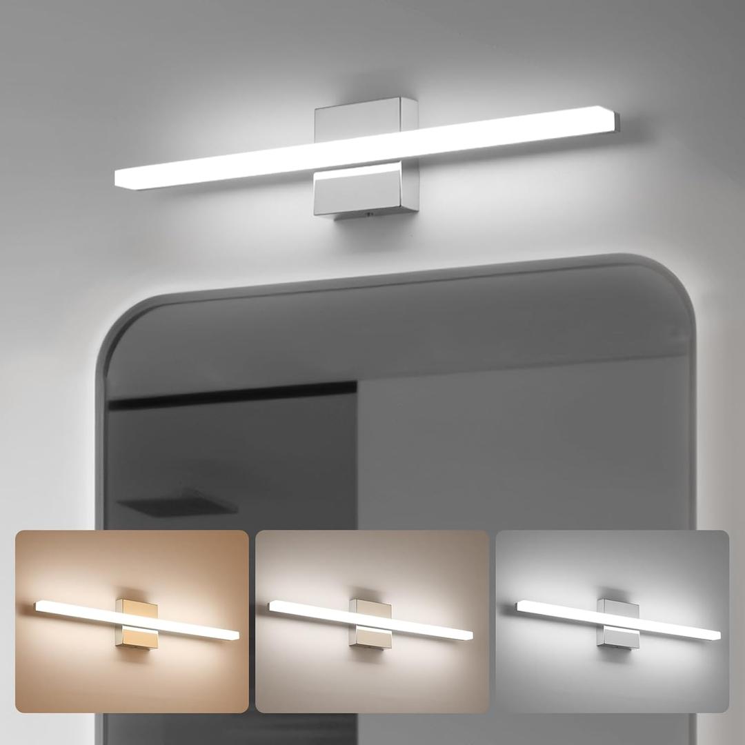 Combuh 24Inch LED Bathroom Vanity Light Bar, Color Changing 3CCT Dimmable Shining Over Mirror Lighting Fixture, Indoor Wall Sconces Modern 14W Chrome