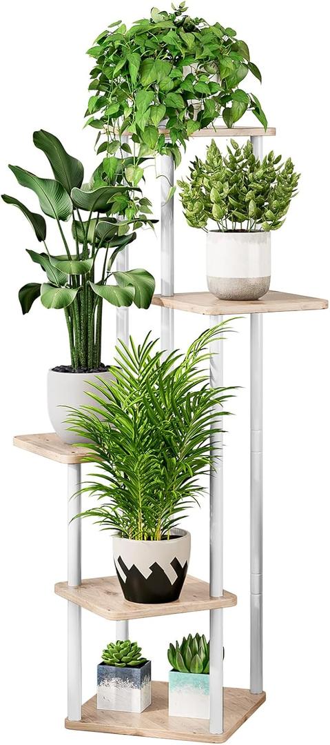 AZERPIAN Plant Stand 5 Tier Indoor Metal Flower Shelf for Multiple Plants Corner Tall Flower Holders for Patio Garden Living Room Balcony Bedroom (5 Tier-White+Sonoma Oak)