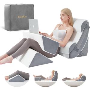 Kingfun 6PCS Orthopedic Bed Wedge Pillow Set for Headboard, Post Surgery Memory Foam Support Pillows for Back, Neck and Leg Pain Relief, Adjustable Triangle Pillow - Acid Reflux, Anti Snoring & GERD (White)