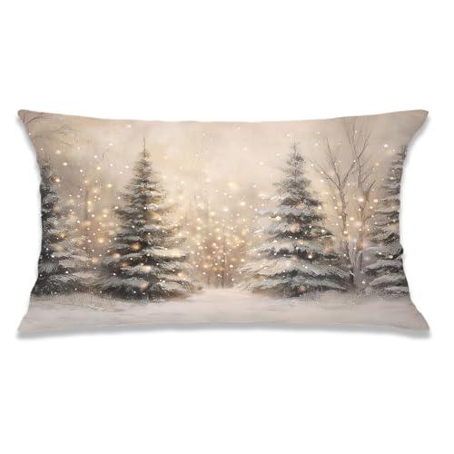 Udinaz Christmas Tree Winter Scene Pillow Covers 12x20 Double-Sided, Rustic Christmas Decor, Vintage Neutral Snowy Enchanted Forest Lumbar Pillow Covers for Home Bedroom Living Room