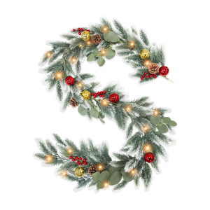 6 Ft Snowy Christmas Norfolk Pine Garlands with 20 Lights Battery Operated Christmas Garland 4 Pincushion 4 Pinecones 4 Red Berried 8 Xmas Balls for Mantel Fireplace Indoor Home Winter Decor