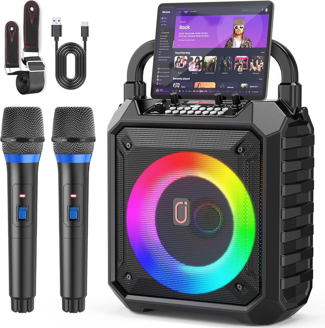 JYX Karaoke Machine for Adults & Kids with 2 Wireless Microphones, Portable Bluetooth Speaker with LED Lights, Supports USB/TF Card/AUX for Party (30 Watt)