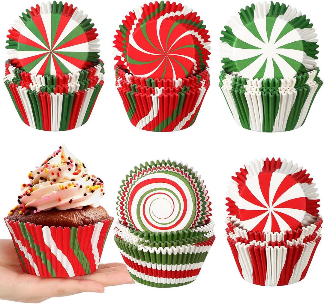 Frienda 500 Pcs Christmas Jumbo Cupcake Liners 3.75 Inch Christmas Cupcake Papers Baking Cup Jumbo Muffin Liners Large Cupcake Wrapper for Holiday Chocolate Cake Making Supplies, 5 Style(Candy Style)