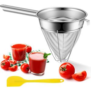 SiliFine Stainless Steel Reinforced Bouillon Sieve Strainer Cone Fine Mesh Strainer with Handle and Rubber Pestle for Kitchen Food Cooking(8 Inch)