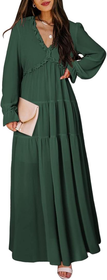 BLENCOT Womens Casual Boho Floral Printed V Neck Long Sleeve Long Maxi Dress Spring Summer Dresses (Green, L)