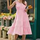 AlvaQ Women Summer Dresses Sleeveless Smocked Midi Dress High Waist Casual Tiered A Line Sundress with Pockets (Pink, XL)