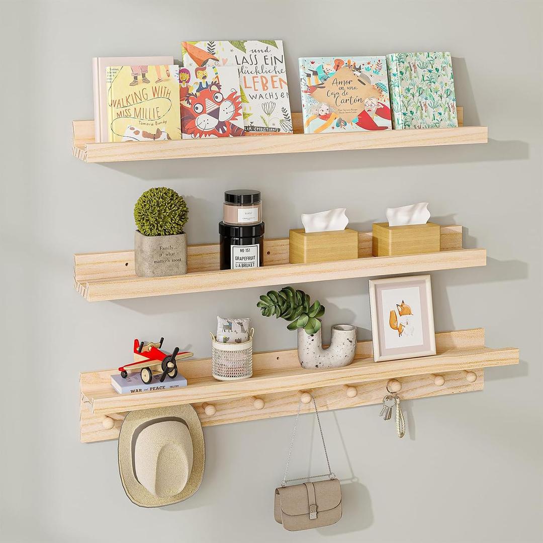 MBYD Natural Wood Shelf with Hooks, Floating Shelves for Wall Bathroom Shelves, Wall Mounted Nursery Bookshelf for Kids Room, Toy Storage Shelf for Bedroom Picture Ledge Shelves (Natural, 36 Inch)