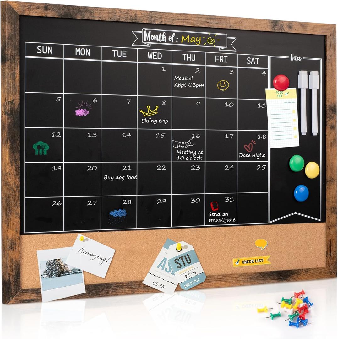 Board2by Monthly Chalkboard Calendar & Cork Board for Wall, 18" x 24" Magnetic Chalk Calendar Board Combo Board, Wall Mounted Combination Board Blackboard with Pens for Office, Kitchen, School, Home (Rustic Brown)
