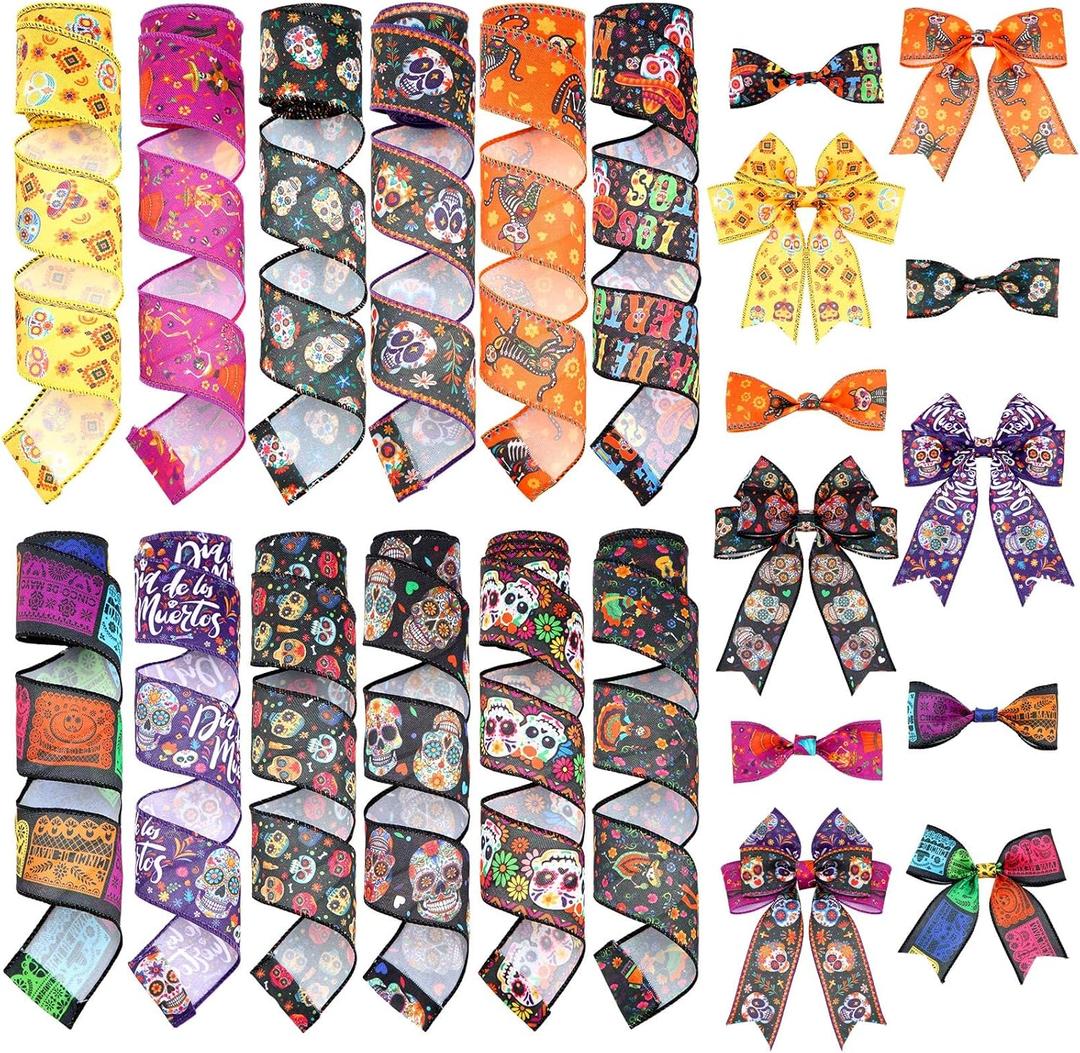 12 Rolls 60 Yards Day of The Dead Wired Edge Ribbons Black Purple Sugar Skull Flower Burlap Ribbon Dia De Los Meurtos Ribbon for Halloween Party DIY Craft Wreath Decor