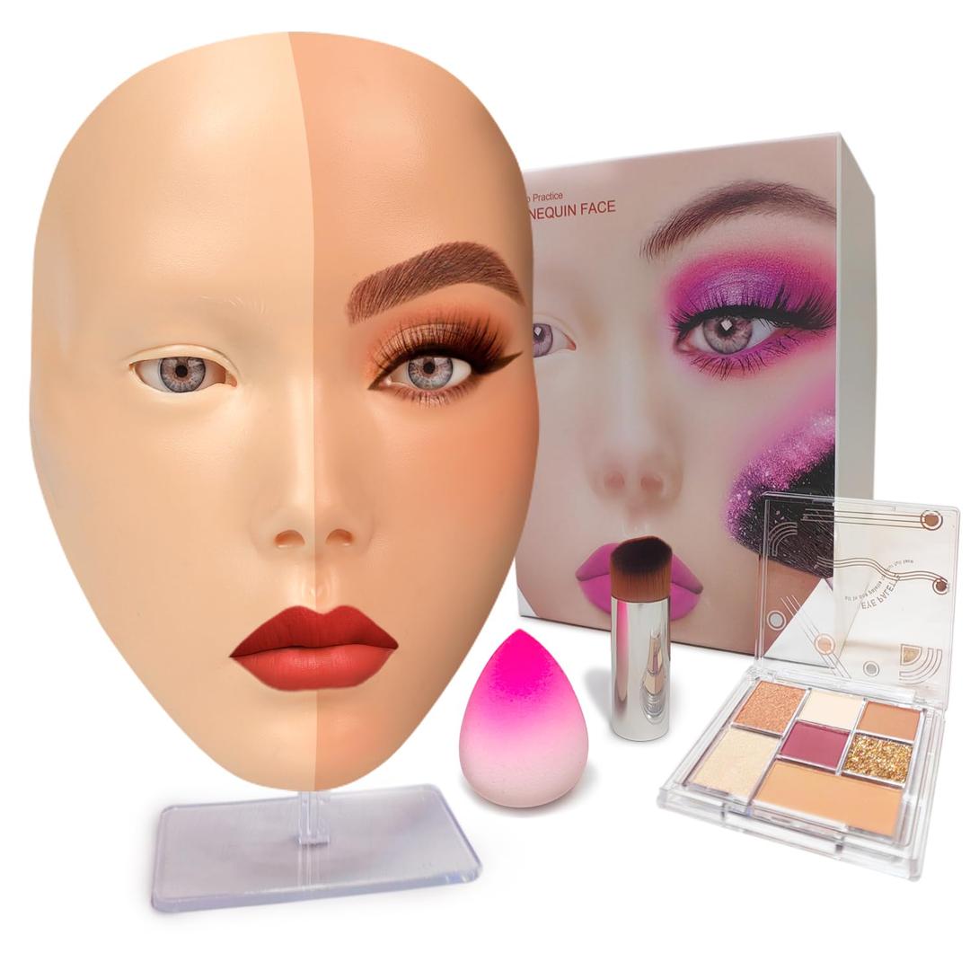 Makeup Practice Face, Makeup Mannequin Face with Makeup Practice Face Board, 5D Silicone Full Face Practice Eyelash Eye Shadow, for Emerging Makeup Artist, Beginners, Girl's Gift (White)