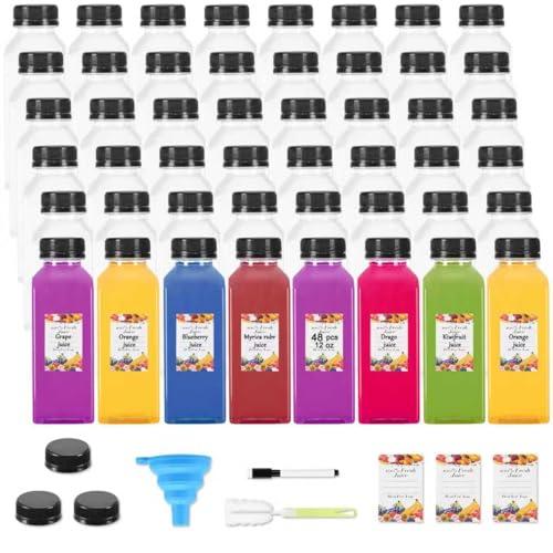 Janisfirst 48Pcs 12 oz Empty Plastic Juice Bottles with Caps,Reusable Clear Homemade Water Bottles Containers with Black Tamper Evident Caps for Juicing, Smoothie, Milk,Drinking and Other Beverages