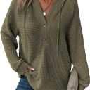 Dokotoo Hoodies for Women Waffle Knit Long Sleeve Drawstring Button V Neck Casual Pullover Sweatshirt Hooded Tops (Small, Green)