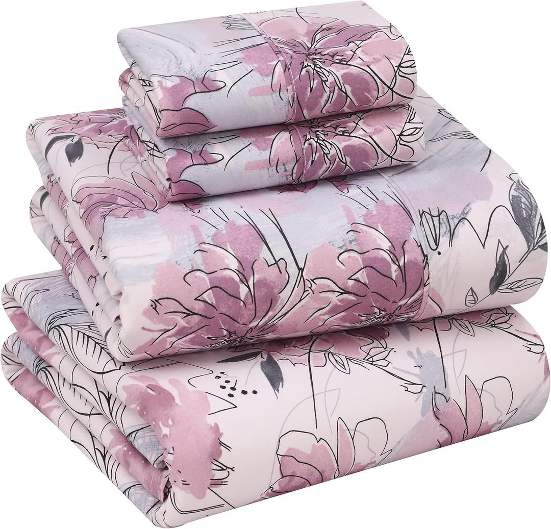 RUVANTI 100% Cotton Sheets  King Size Percale Bedding, Cooling & Breathable Floral Design, Durable with a Crisp, Soft & Comfortable Feel, 16" Deep Pocket, 4-Piece Set, Lilac Floral