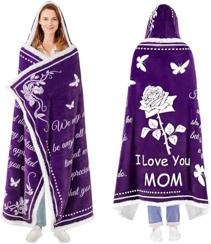 Mothers Day Gifts for Mom, Wearable Hoodie Blanket for Birthday Gift, Mom blanket Gifts from Daughter, Son, Husband, Sherpa Fleece Mother Blankets, Soft, Wife, Mama, purple Size 50/70