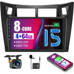 8-Core 4+64G Android Car Stereo for Toyota Yaris 2006-2011 Upgrade Radio, 9'' HD Touch Screen with Wireless CarPlay & Android Auto, AHD Backup Camera, Mirror Link, GPS Navigation