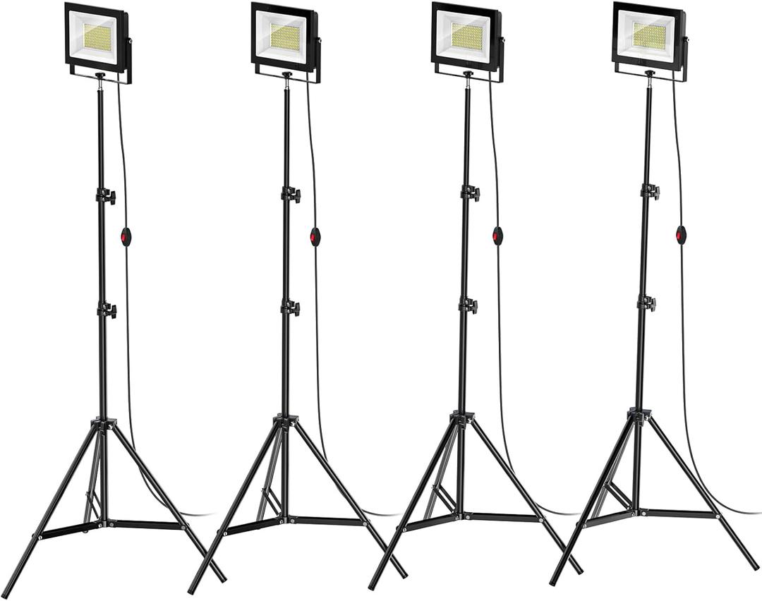 LIVOWALNY 11000 lm LED Work Lights with Stand Pack of 4, 110W Adjustable Head Tower Light with 13FT Cord, Portable IP65 Waterproof Tripod Flood Light for Job Site Workshop Garage Construction Lighting