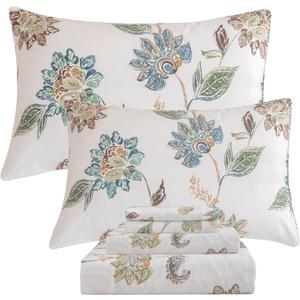 QSH Floral Bed Sheets King Size - 100% Egyptian Cotton Floral Bedding Sheets Botanical Leaves Flower Pattern Printed Bedding King Size Bed Sheets 17.5" Extra Deep Pocket 4pcs