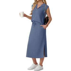 Lepunuo Women Skirt Sets 2 Piece Outfits Casual Half Zip Lapel Cap Sleeve Tops Split Maxi Skirt Airport Travel Outfits, A- Blue, X-Large