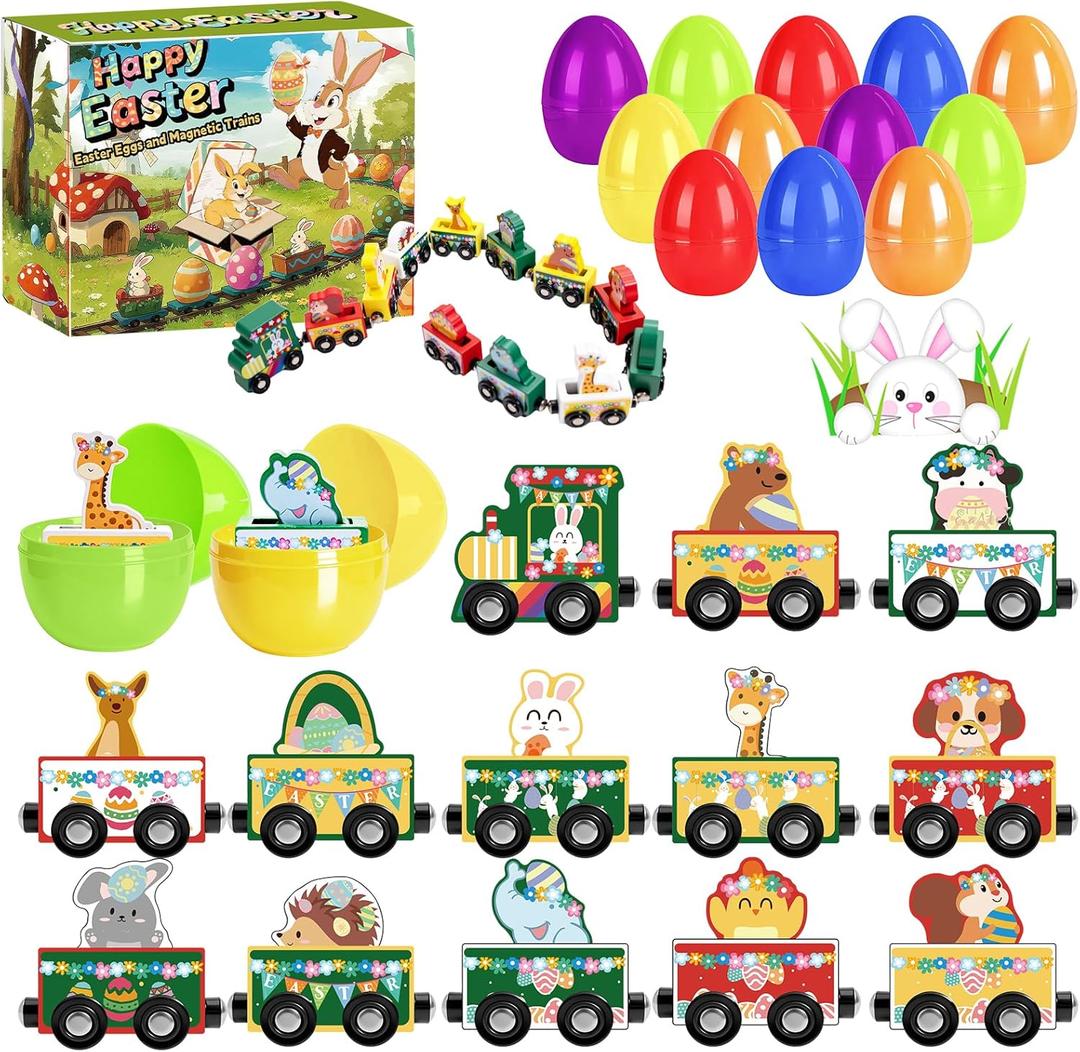 Easter Eggs Magnetic Wooden Animal Train for Kids,Easter Basket Stuffers,Easter Eggs Surprise Train,Montessori Magnetic Train Toy Christmas Countdown Gift for Toddlers,Boys and Girls (Train) (Green)