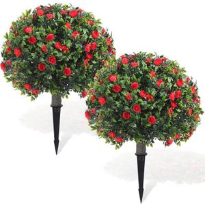 Yunlly Set of 2 Artificial Boxwood Topiary Ball Tree Fake Bushes Shrubs Outdoor Faux Plant with Ground Spike Flowers UV Resistance Greenery for Front Porch Garden Patio Indoor(Red,18x10inch)