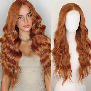 SUKRI 46 Ginger Synthetic Lace Front Wigs for Women -26 Inch Long Wavy Pre Plucked Lace Front Wig Heat Resistant Orange Synthetic Hair Natural Hairline For Daily Party Use