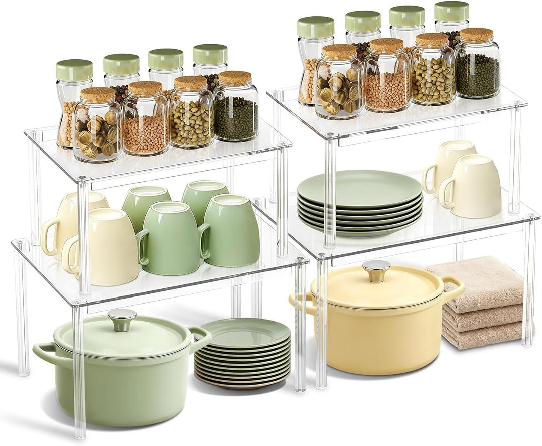 BOMOKS Clear Kitchen Cabinet Organizer, Set of 4 Stackable Spice Rack, Acrylic Shelves for Pantry Organizers and Storage, Tiered Spice Organization for Cabinet, Shelf Organizer for Desk Countertop