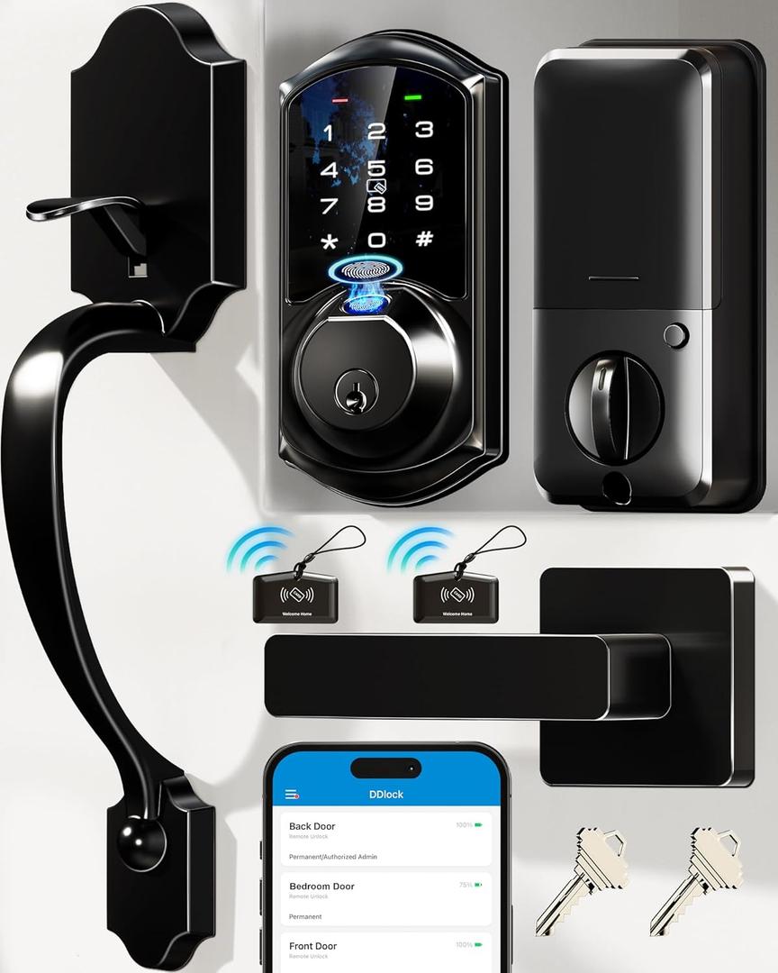 Veise VE07-H Fingerprint Smart Locks for Front Door with Handle Set, App Control, Keyless Entry Keypad Deadbolt, Digital Electronic Touchscreen, Easy Install, Auto Lock, Matte Black